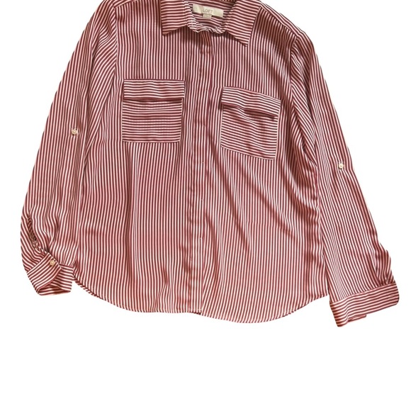 LOFT Women’s Stripped Dress Shirt Maroon and White Size L - Picture 8 of 10